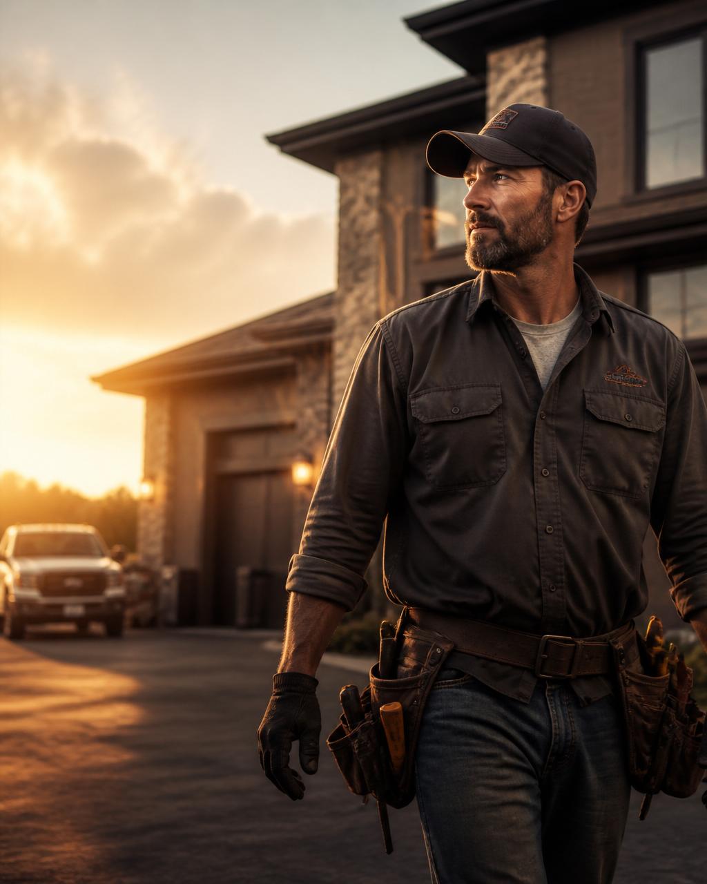 Home service contractor walking out to his work truck at golden hour
